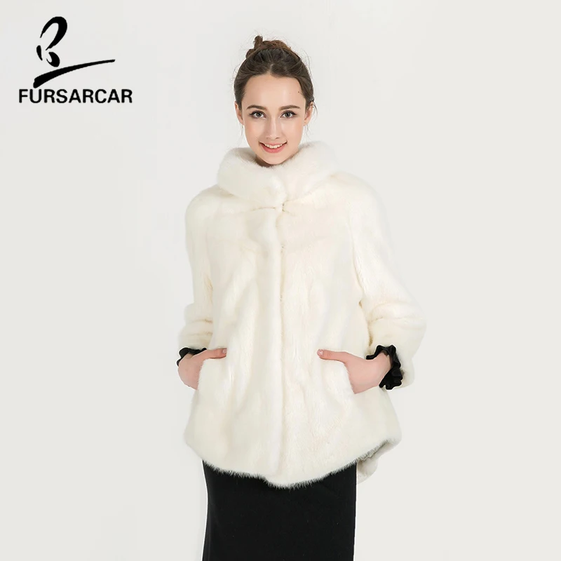 FURSARCAR White Mink Fur Coat Thick Warm Fur Real Full Pelt Mink Fur Women Winter Coat Short Style Three Quarter Coats BF-C0483 FURSARCAR White Mink Fur Coat Thick Warm Fur Real Full Pelt Mink Fur Women Winter Coat Short Style Three Quarter Coats BF-C0483