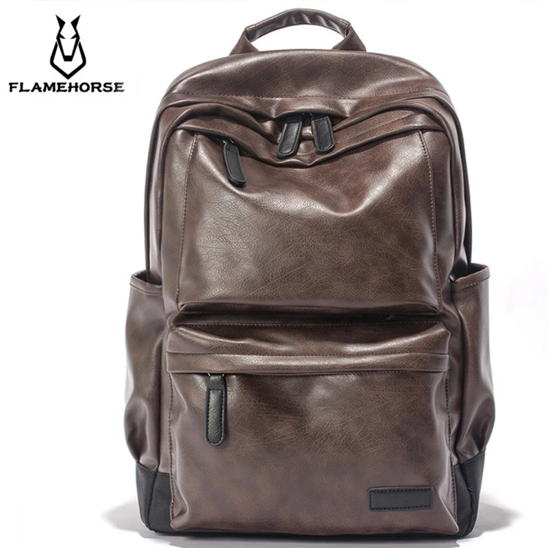 

FLAME HORSE Unisex Business Casual Backpacks Travel Bag Black PU Leather Men's Fashion Shoulder Bags teenage backpack men casual