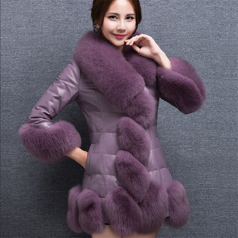 

New Women Winter Fashion Long Faux PU Leather Fur Coat Female Fake Fox Fur Collar Slim Overcoat Jacket Outwear Plus Size 4XL X94