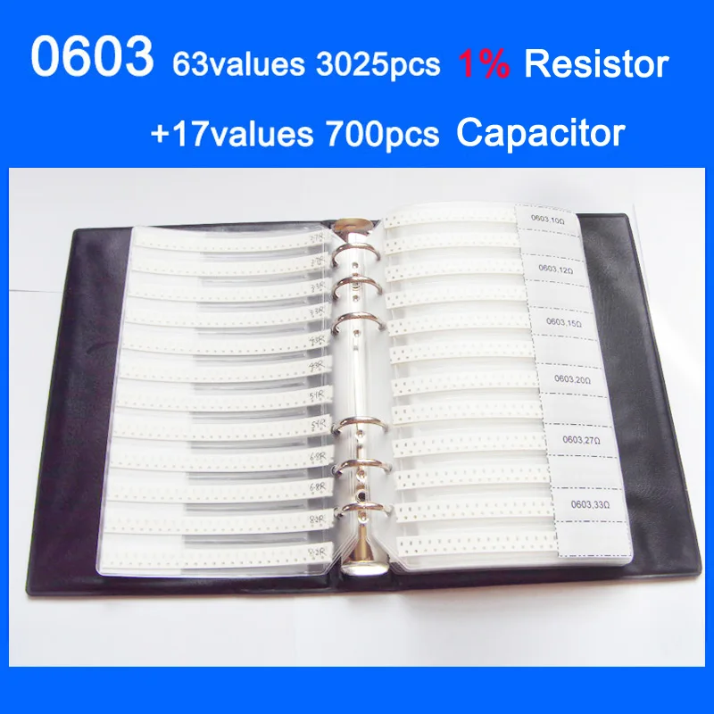 

New 0603 SMD Sample Book 63values 3025pcs 1% Resistor Kit and 17values 700pcs Capacitor Set