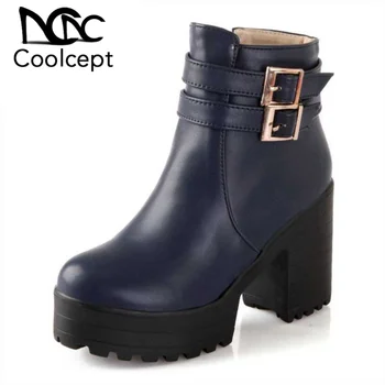 

Coolcept Women Ankle Boots Fashion Double Buckle Zipper Fur Shoes Women Platform High Heel Boots Warm Footwear Size 34-43