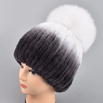 

Winter hat for Women Rex Rabbit Fur cap lady Real Rabbit+Fox Fur Beanies Elastic Warm Fashion female brand headgear