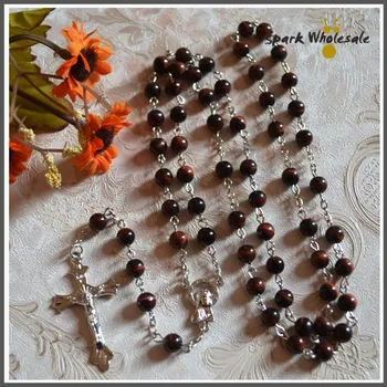 

10pcs/lot Fashional Precious Red Tiger Eye Rosary Religious Natural Stone Beads Jesus Cross Pendant Rosary Necklace