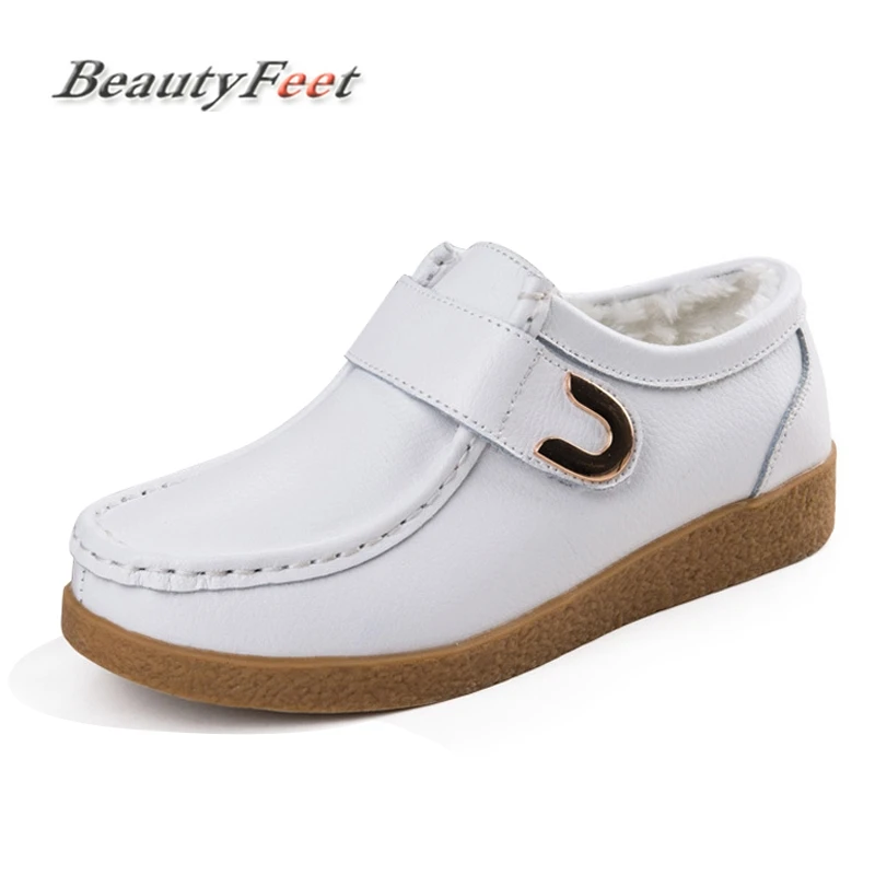 

Plus Size Women Shoes Sneakers Flats Genuine Leather Casual Plush Fur Loafers Hook & Loop Low Heel Moccasins Footwear BeautyFeet