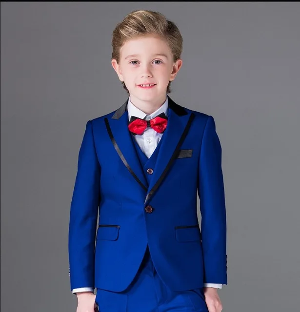 Пользовательские одна кнопка для мальчиков смокинги синий Пик нагрудные Детский костюм Королевский синий/красный/черный малыш костюмы для выпускного(куртка+ жилет+ брюки+ галстук