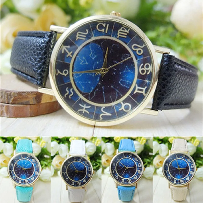 2016 элегантные часы Для женщин Для мужчин символ темно-синий циферблат Искусственная кожа Группа Аналоговые кварцевые наручные часы 5j7k