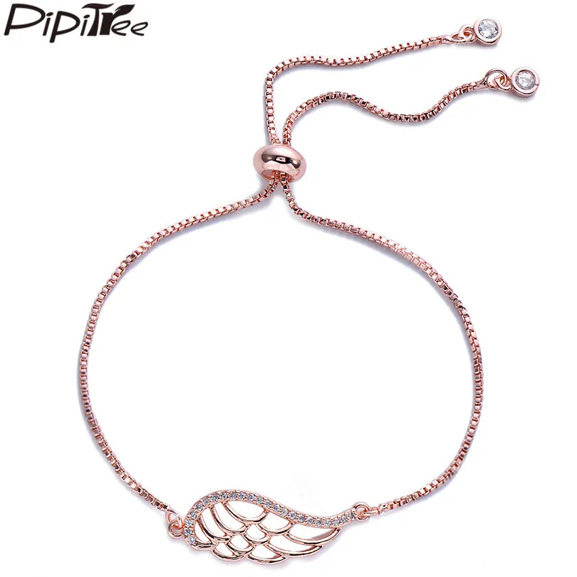 

Pipitree Elegant Clear CZ Zircon Angel Wing Charm Bracelet Femme Rose Gold Color Feather Bracelets Women Chain Wristband Jewelry