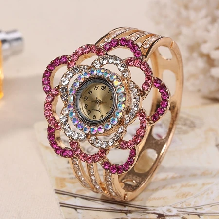 Роскошные элегантные часы-браслет Дамский цветочный дизайн золотой сплав ремешок женское платье часы Кристалл женские наручные часы bayan saat - Цвет: Розовый