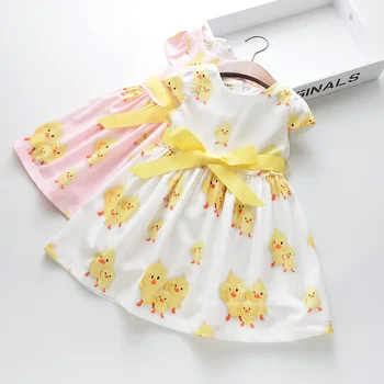 

Roimyal Wholesale 2019 Summer New Lovely Big Yellow Duck Printed Dress Girl's Round Collar Short Sleeved Dress free shipping