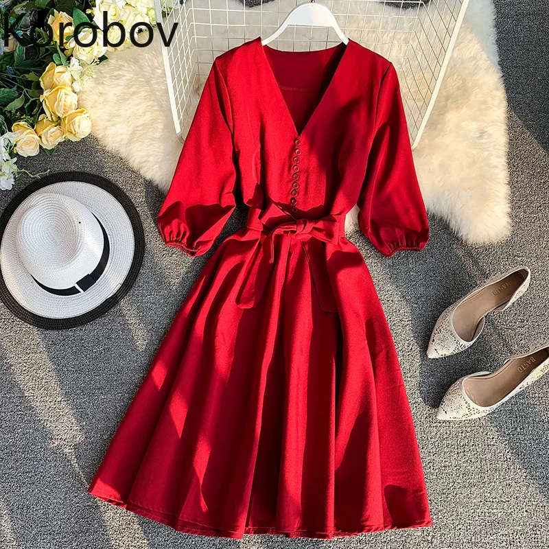 Korobov летнее Новое Женское платье с v образным вырезом Vestido пышное трапециевидной