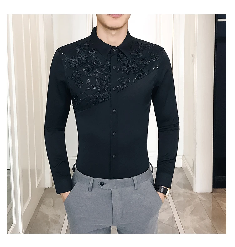 Повседневное Camisa Masculina 2019 весна корейский человек рубашка с длинными рукавами кружево кружевное комбинированное прическа отдел