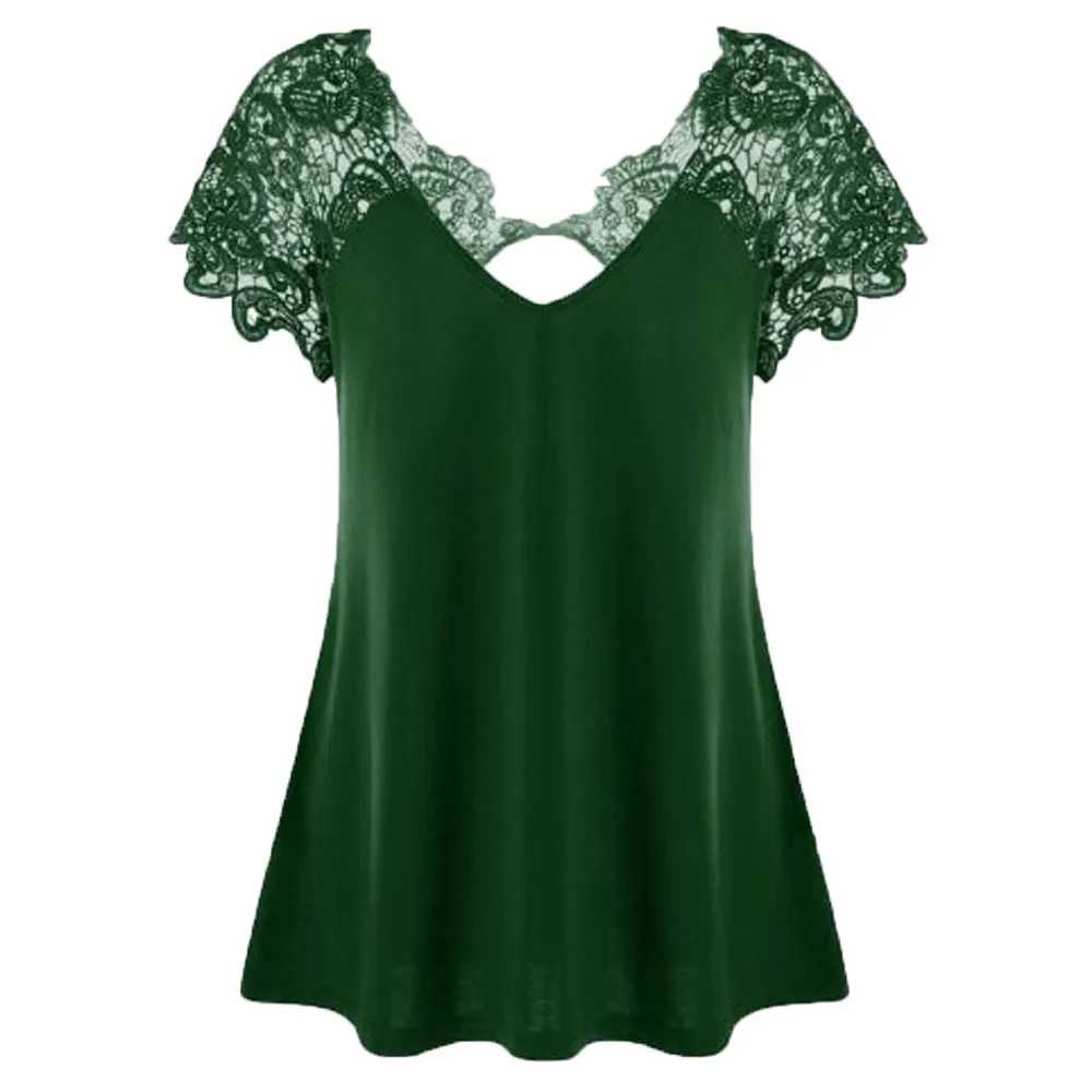 Женская блузка, модная, v-образный вырез, плюс размер, кружевная, короткий рукав, обрезанная, рубашка, топы, blusas mujer de moda - Цвет: Green