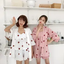 Корейский стиль Женская одежда для сна клубника печати спагетти ремень Cami шорты халат пижамы наборы из трех предметов