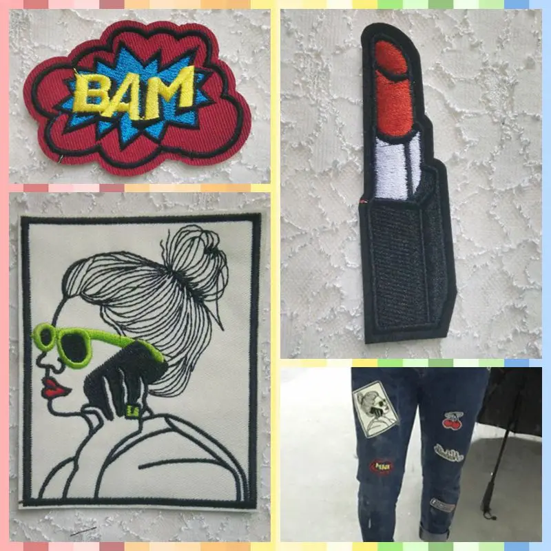 Cool girl with glasses BAM Lipstick Iron On Cloth Patches 3pcs - Front