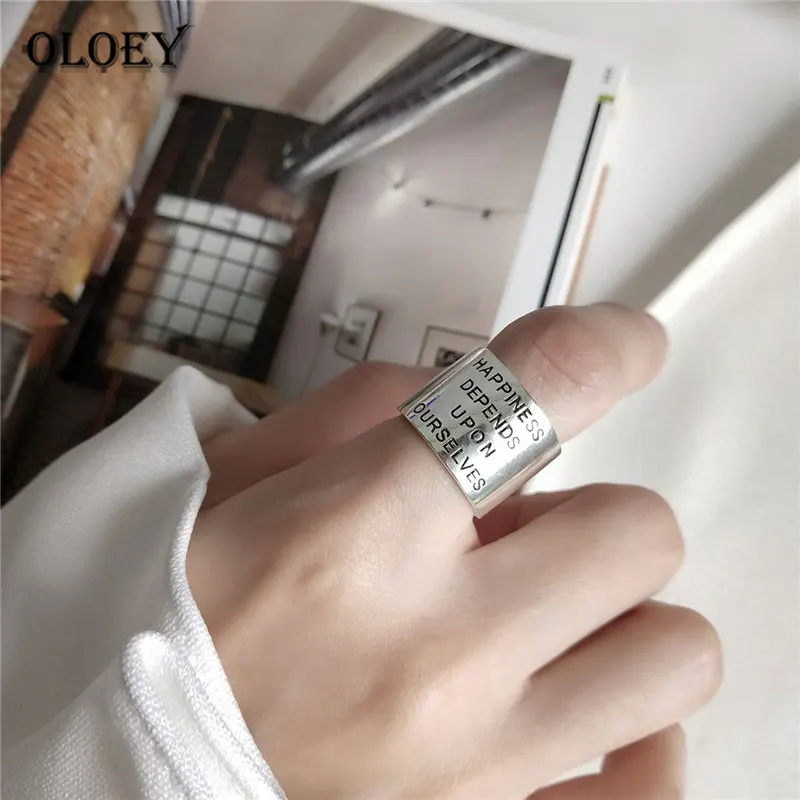 

OLOEY Authentic 925 Sterling Silver Open Rings with Letter HAPPINESS DEPENDS UPON OURSELVES Vintage Do Old Wide Ring Gift YMR838
