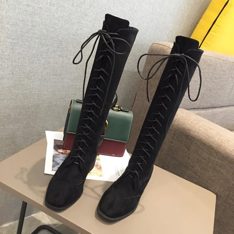 

Brand Suede Leather Boots Knee High Woman Lace-Up Motorcycle Booties Knight Winter Slim-Leg Bottes Ladies All Match Martin Botas