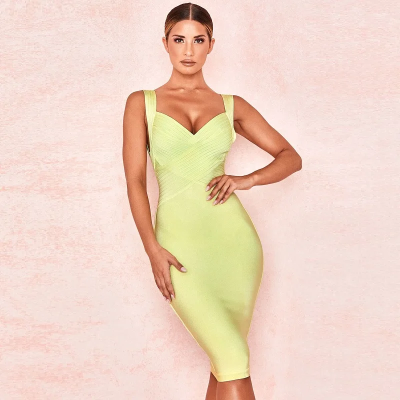 

2019 Yellow Sexy Backless Midi Vestidos Dress Bandage Women Sheath Spaghetti Strap V-Neck Summer Sleeveless Club Dresses Party