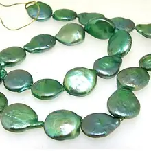 Жемчужины в форме монеты свободные бусины свежие жемчужные культивированные жемчужные ювелирные изделия зеленый цвет 13-15 мм большие размеры бусины полная нить 15 дюймов