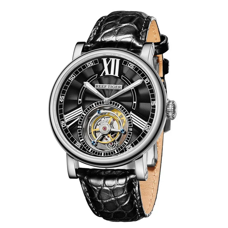 Reef Tiger Classic Serier RGA1999 мужские полые циферблат платье Real Tourbillon автоматические механические наручные часы-серебро