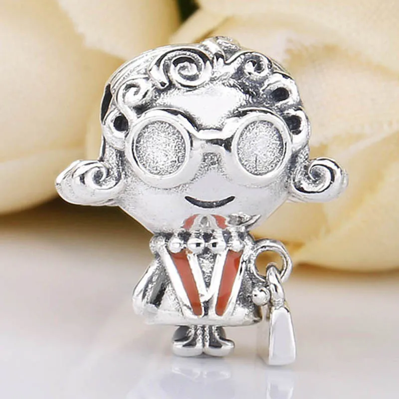 

New 925 Sterling Silver Bead Charm Pink Enamel Curly-haired Oversized Spectacles Grandma Beads Fit Pandora Bracelet Diy Jewelry