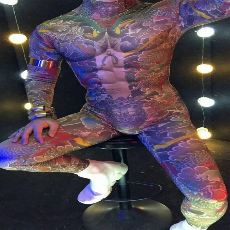 

S29 Ballroom dance costumes Tattoo print men bodysuit dancer jumpsuit Coverall party clothe dj disco performance clothe dress