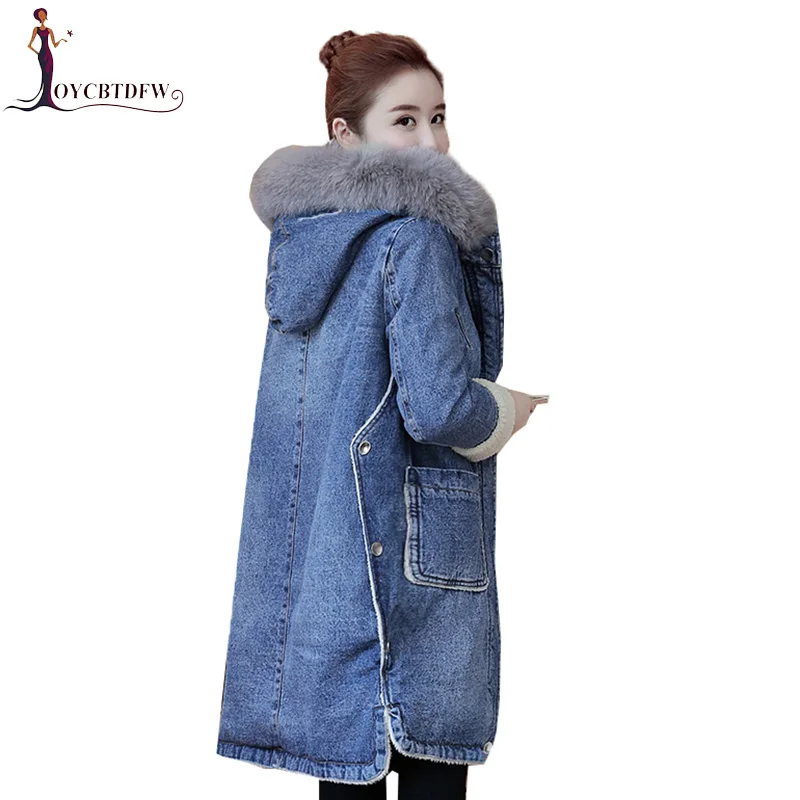 

2018 Winter New Women Mid long section Fur collar Cowboy Cotton Jacket Thickening Cotton Women Outerwear Large size S-3XL DD641