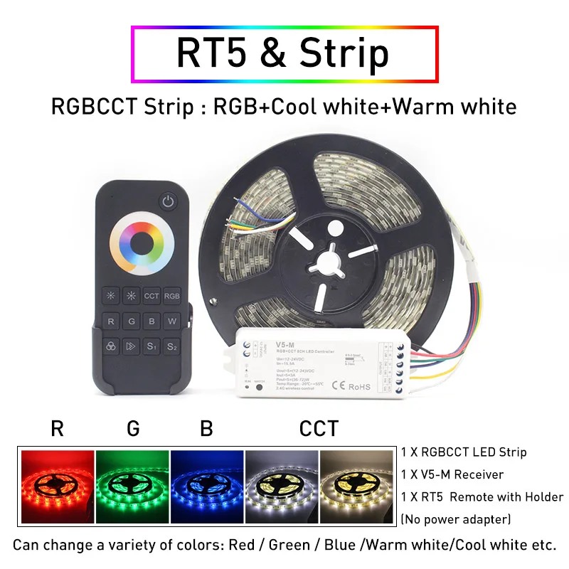 5 м 5050 SMD RGB CCT светодиодный светильник s Водонепроницаемый 60 Светодиодный s/m гибкий светильник DC 12 В теплый белый 2,4G беспроводной синхронный контроль - Испускаемый цвет: RT5  and Strip