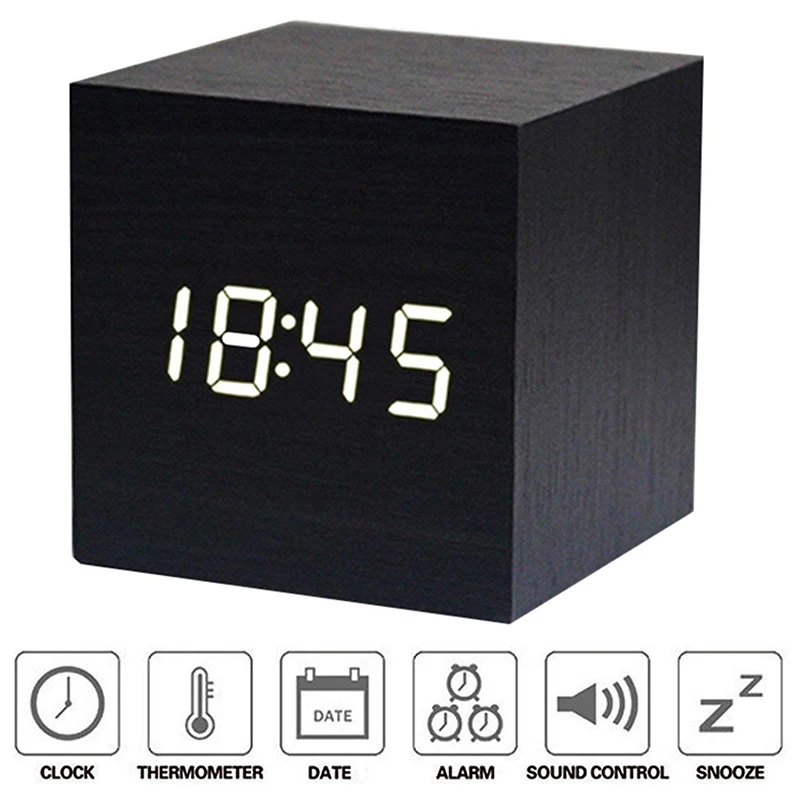 

Cube Wooden Clock LED Digital Alarm Clock Electronic Table Watch Voice Control No Radio Nixie Clcok For Children Kids