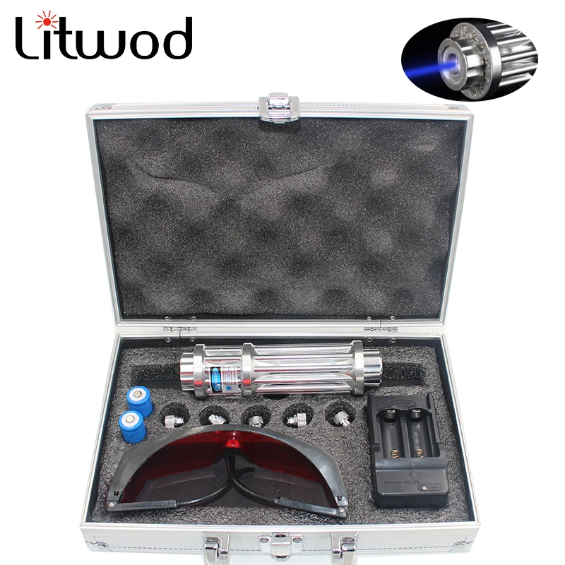 

Litwod 1200MW Blue Laser Pointer Flashlight lighted cigarette & match Beam Laser Module 16340 Battery Charger box