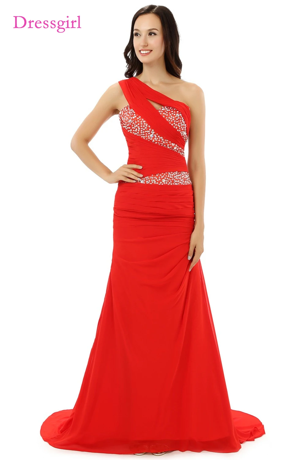 Evening Dresses A line One shoulder Red Chiffon Beaded Long Evening