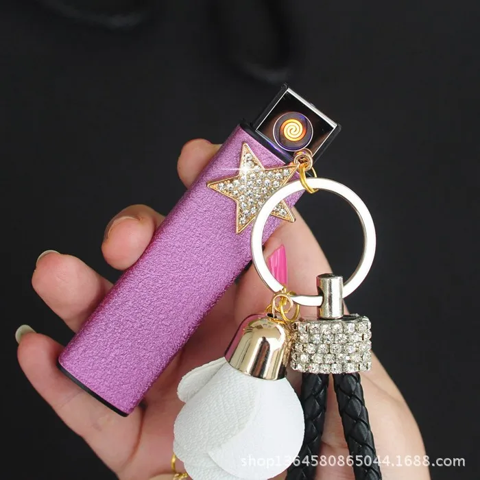 Lady lighter Keychain lighter USB charging Ms. cute creative rhinestone windproof silent cigarette lighter electric wire lighter - Цвет: 4