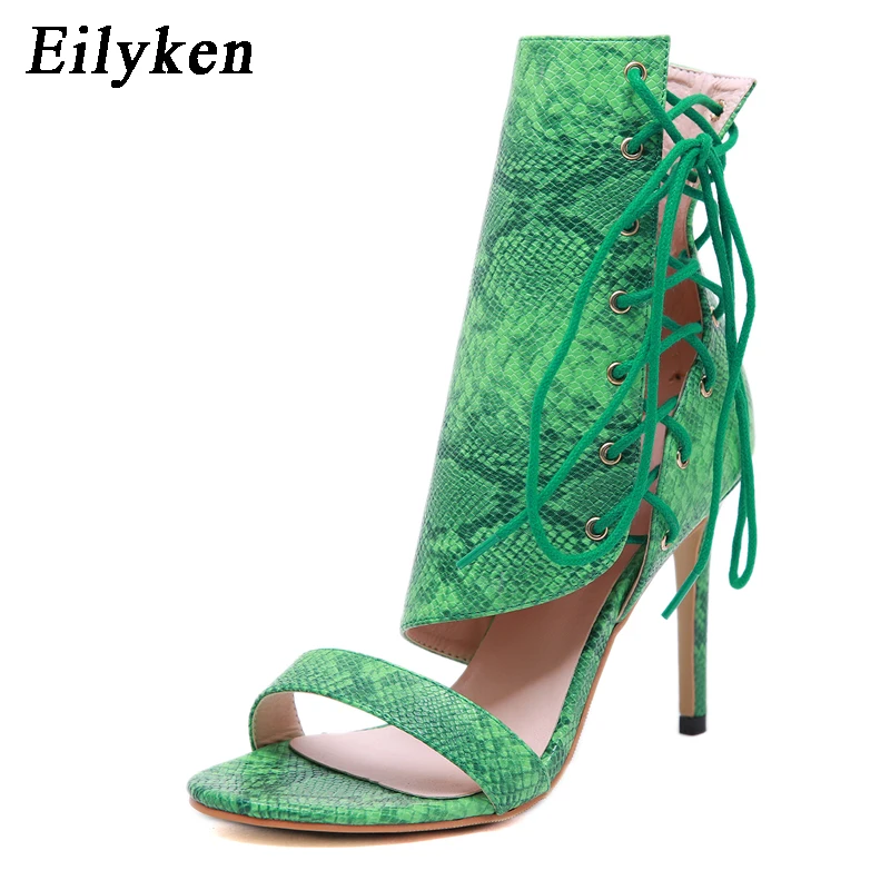 

Eilyken Fashion Designer Green Serpentine High heels Women Sandals Peep Toe Ankle Lace-Up Thin Heels Ladies Sandals Boots Shoes
