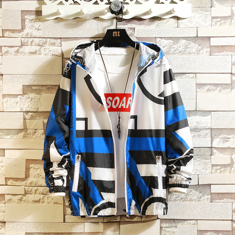 

Ultra Lightweight Track Jackets With Hood Men Summer Beachwear UV Protection Hooded Windbreaker Running Thin Print Coats