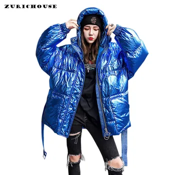 

ZURICHOUSE 2020 Ladies Parka Hooded Winter Jacket Korean Bright Metal Blue Outwear Fashion Puffer Jackets Women Warm Winter Coat