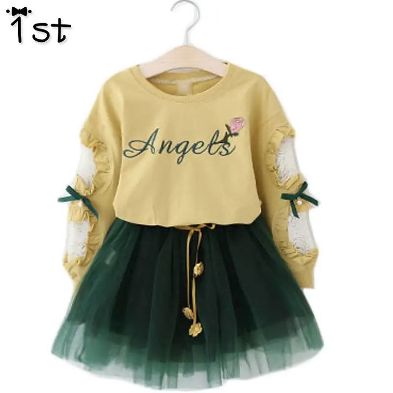 

1st 2018 New Girls Clothing Suit Long Sleeve T Shirt + Yarn Skirt 2 Pcs Set Letter Flower Lace Bow Kids Autumn Suit