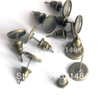 

wholesale 500piece/lot antique bronze earring post with pad and backs stud findings 12mm bezel blank cameo base