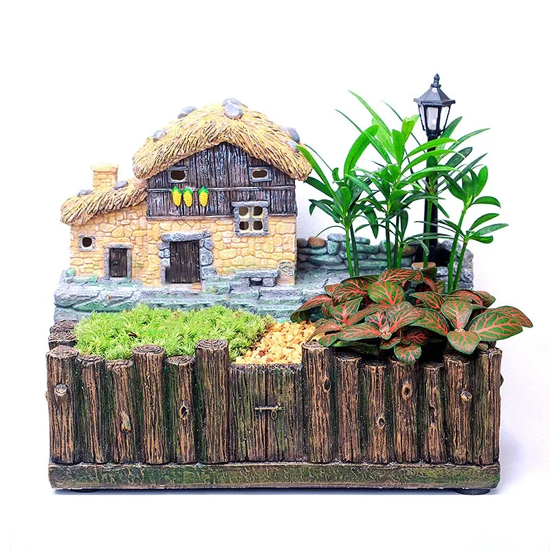 

Resin Flower Pot Succulents Plants Small Bonsai Micro Landscape Vase Garden Decoration with LED String