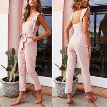 New Arrival Women Shirred Frill Sleeves Jumpsuit Waist Belted Solid Color for Summer New Arrival Women Shirred Frill Sleeves Jumpsuit Waist Belted Solid Color for Summer