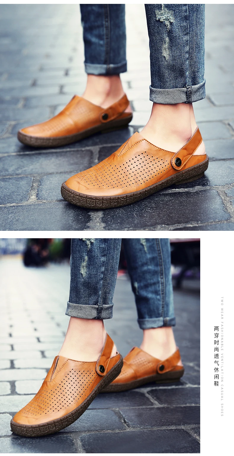 Мужские туфли без задника летние сандалии для мужчин; кожаные дышащие повседневные Лоферы без шнуровки на плоской подошве; zapatos hombre; пляжная обувь