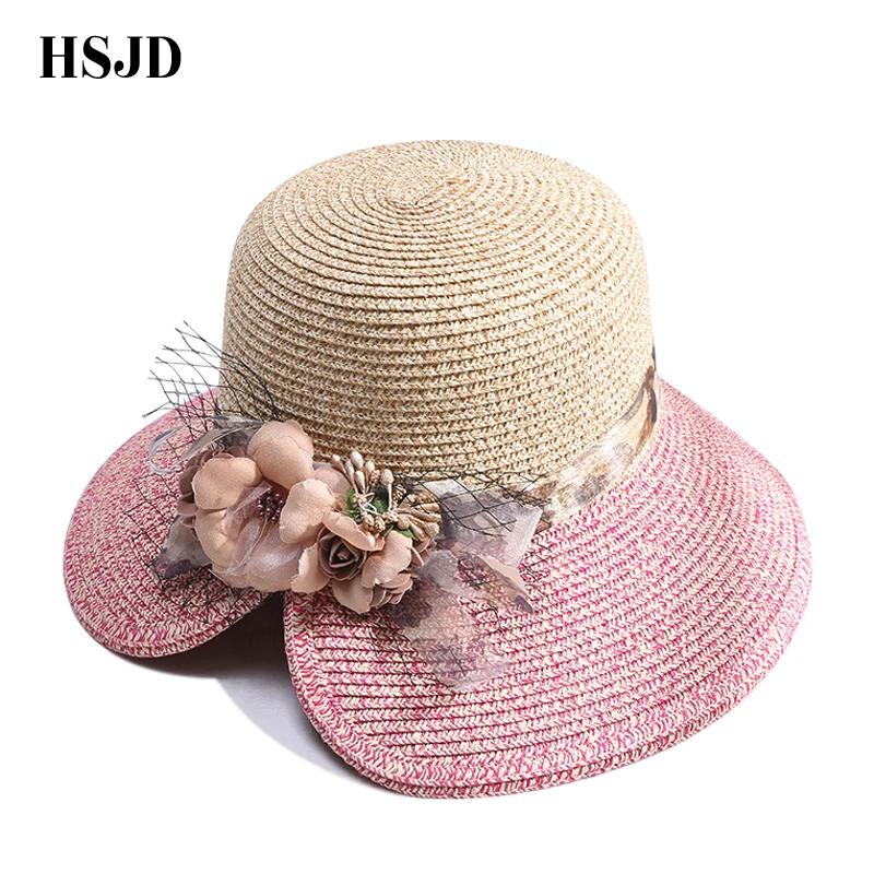 

Female Summer Sun Hat Flower Straw hat lightweight breathable Ladies Fashion Mixed color Foldable Anti-UV Sun Beach Hat Casual