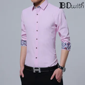 

Pink Lined with Printed Shirts Men Shirt Long Sleeved Shirt Male Social Business Dress Work Men Business Shirts Formal 4XL