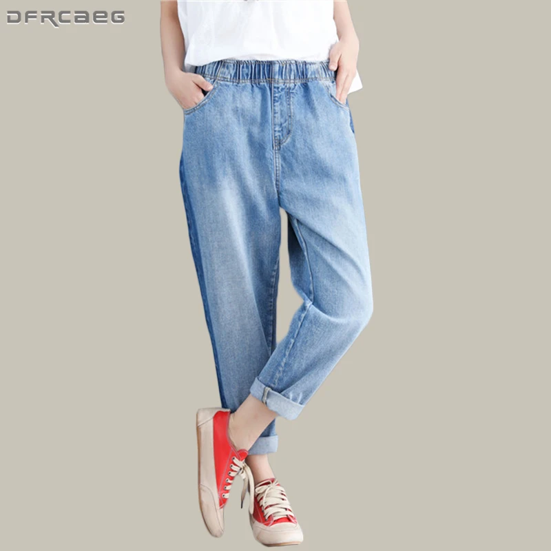 Light Blue Loose Summer Jeans Women 2019 Fashion Big Size Elastic Waist Denim Pants Casual Patchwork Washed Pants Jeans Femme Light Blue Loose Summer Jeans Women 2019 Fashion Big Size Elastic Waist Denim Pants Casual Patchwork Washed Pants Jeans Femme