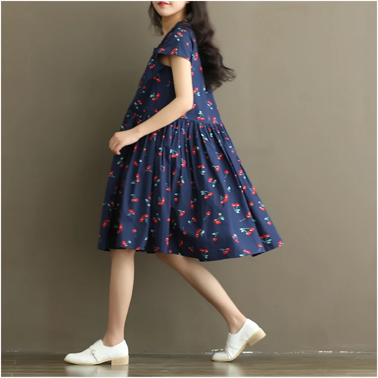 Лето, новинка, большие размеры, милое женское платье в японском стиле Mori Girl, с принтом вишни, хлопок, короткий рукав, кукольный воротник, свободное Повседневное платье