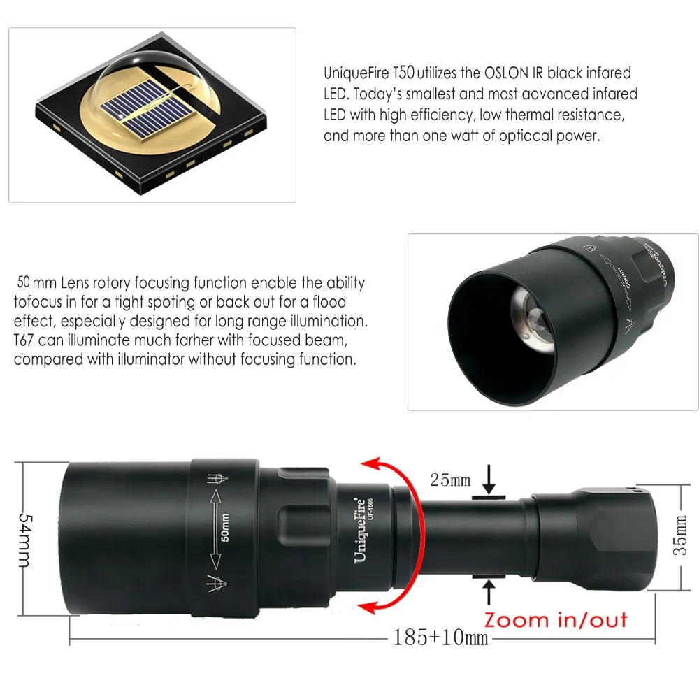 UniqueFire 1605 IR 940NM светодиодный светильник-вспышка 50 мм объектив инфракрасный светильник ночного видения 3 режима перезаряжаемый с пультом дистанционного управления