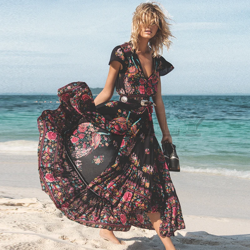 

CUERLY 2019 New Women Summer Boho Beach Maxi Dress Sexy V Neck Vintage Print Long Dresses Casual Sundress Dress CUERLY
