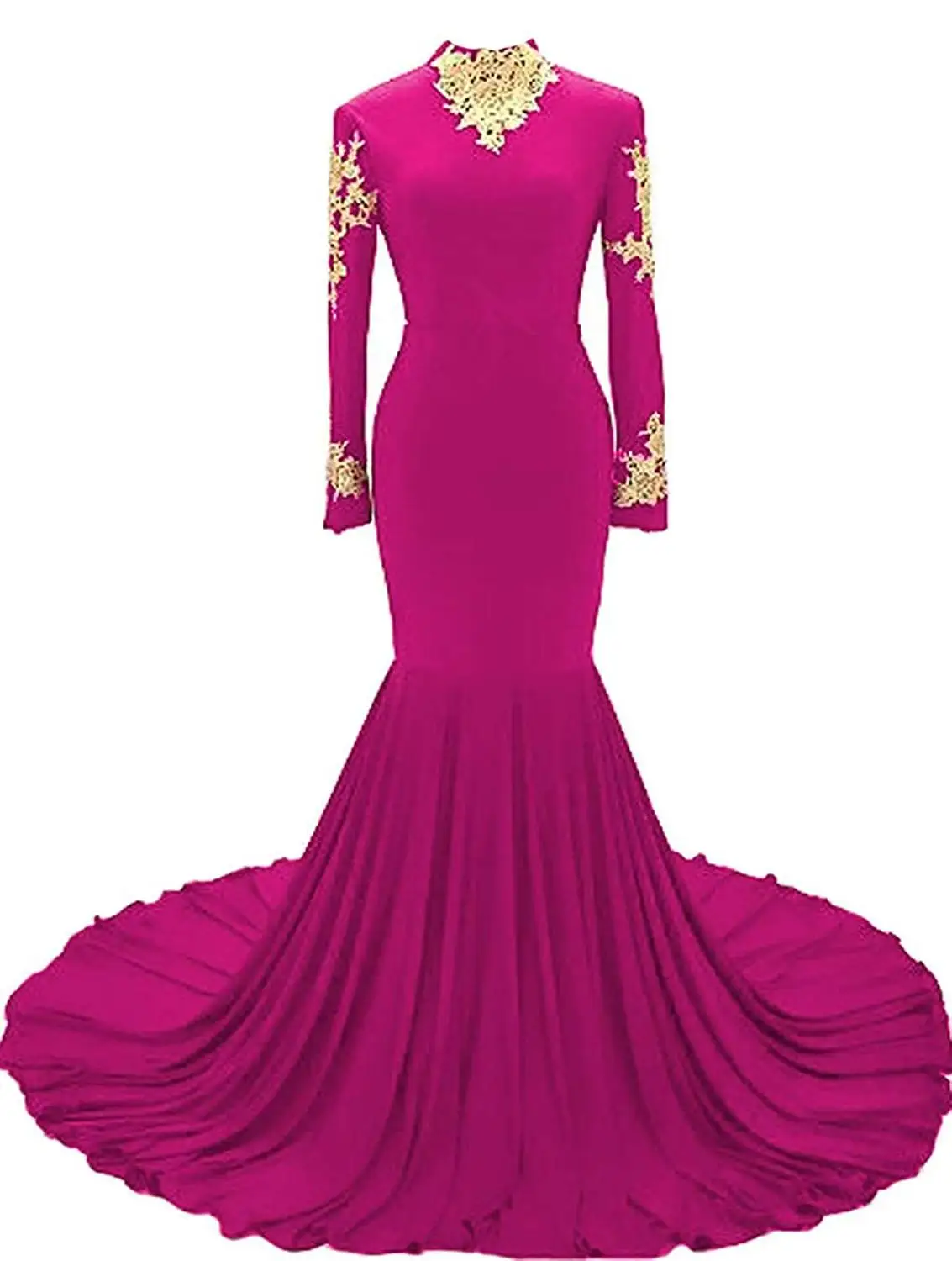 Fuchsia JaneVini платье русалки бордового цвета для подружки невесты с высоким воротом с длинными рукавами золотое с аппликацией атласное элегантное Африканское женское выпускное платье - Цвет: Fuchsia