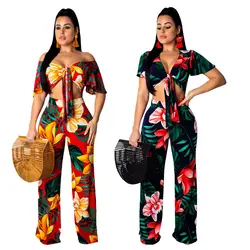Женские модные повседневные комплекты из двух предметов с цветочным принтом, короткий топ и длинные комплекты