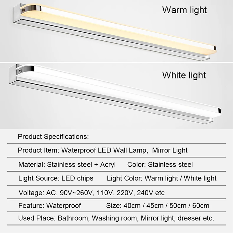 Водонепроницаемый светодиодный настенный светильник Акрил зеркальный светильник Ванная комната Светильник Санузел настенный светильник скандинавские современные комод туалетный столик светильник 40/45/50/60 см
