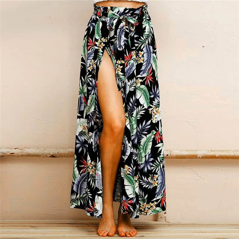 Summer Skirts Women Boho Maxi Skirt Beach Leaf Print Holiday Summer High Waist Long Skirt faldas mujer moda 2019 El verano H26 (5)