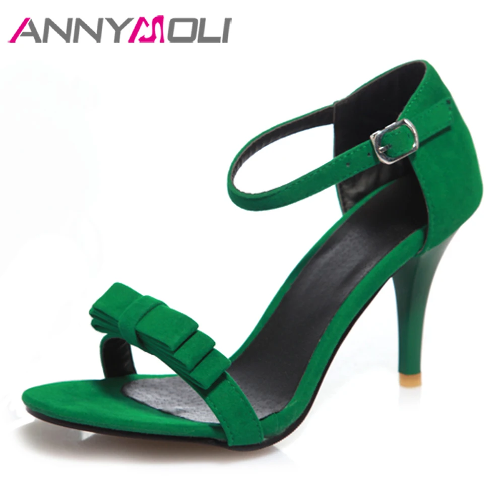 ANNYMOLI/Босоножки; Летняя обувь; женская обувь на высоком каблуке с ремешком на щиколотке; женские сандалии на каблуках с бантом; фиолетовая и зеленая обувь; большие размеры 43
